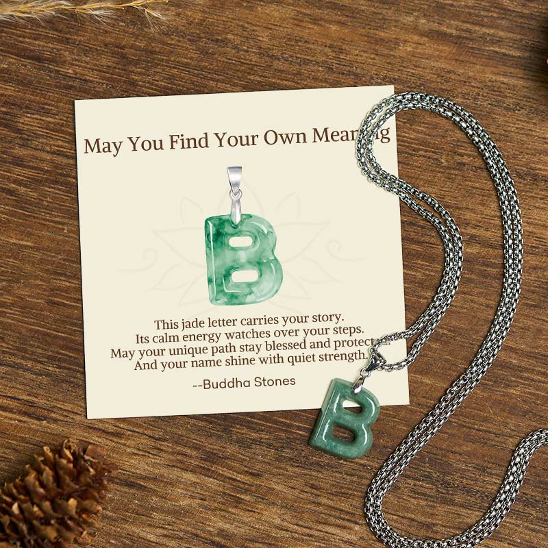 Buddha Stones "May You Find Your Own Meaning" Natural A-Z Letter Jade Titanium Steel Chain Necklace Includes Gift Message Card