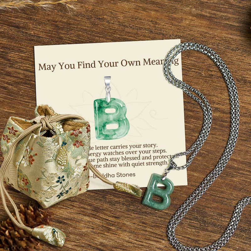 Buddha Stones "May You Find Your Own Meaning" Natural A-Z Letter Jade Titanium Steel Chain Necklace Includes Gift Message Card