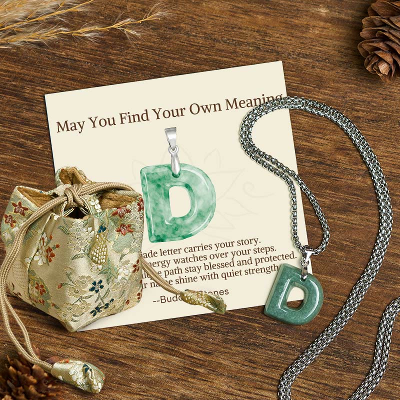 Buddha Stones "May You Find Your Own Meaning" Natural A-Z Letter Jade Titanium Steel Chain Necklace Includes Gift Message Card