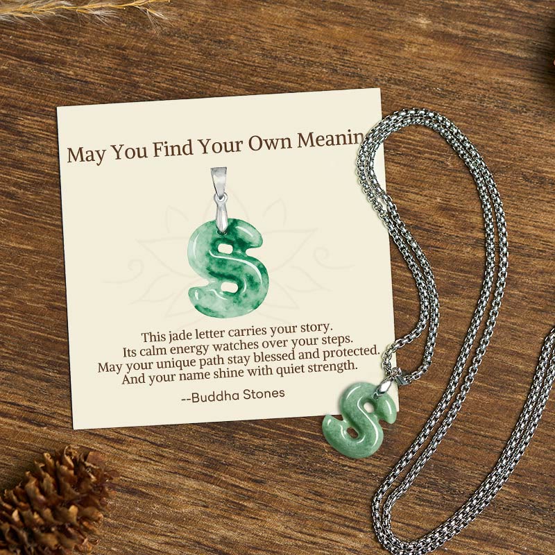 Buddha Stones "May You Find Your Own Meaning" Natural A-Z Letter Jade Titanium Steel Chain Necklace Includes Gift Message Card