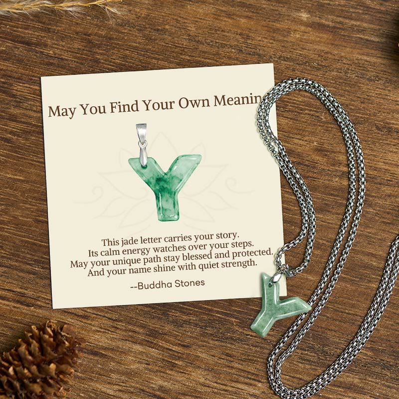 Buddha Stones "May You Find Your Own Meaning" Natural A-Z Letter Jade Titanium Steel Chain Necklace Includes Gift Message Card