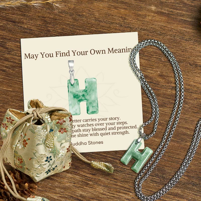Buddha Stones "May You Find Your Own Meaning" Natural A-Z Letter Jade Titanium Steel Chain Necklace Includes Gift Message Card