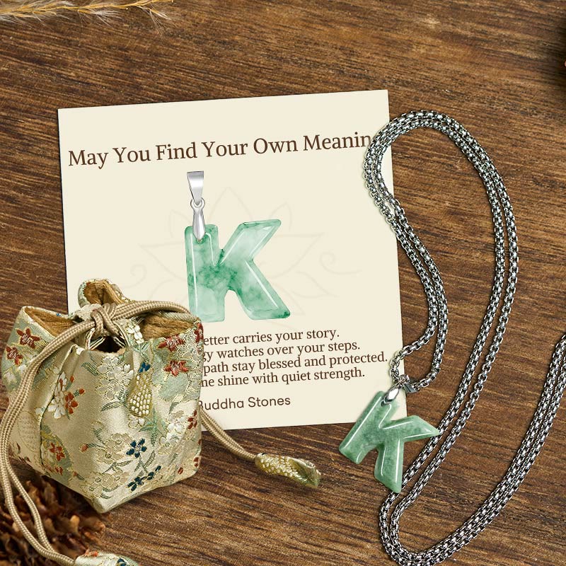 Buddha Stones "May You Find Your Own Meaning" Natural A-Z Letter Jade Titanium Steel Chain Necklace Includes Gift Message Card