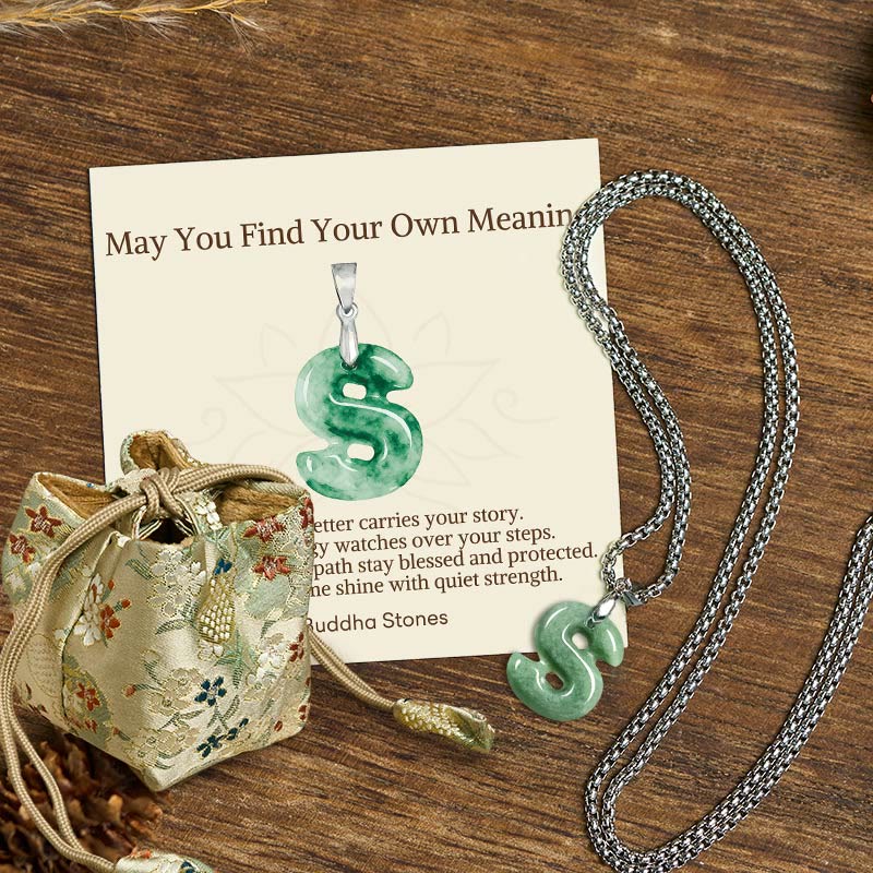 Buddha Stones "May You Find Your Own Meaning" Natural A-Z Letter Jade Titanium Steel Chain Necklace Includes Gift Message Card