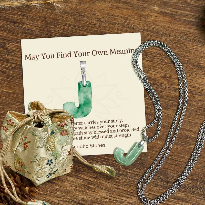 Buddha Stones "May You Find Your Own Meaning" Natural A-Z Letter Jade Titanium Steel Chain Necklace Includes Gift Message Card