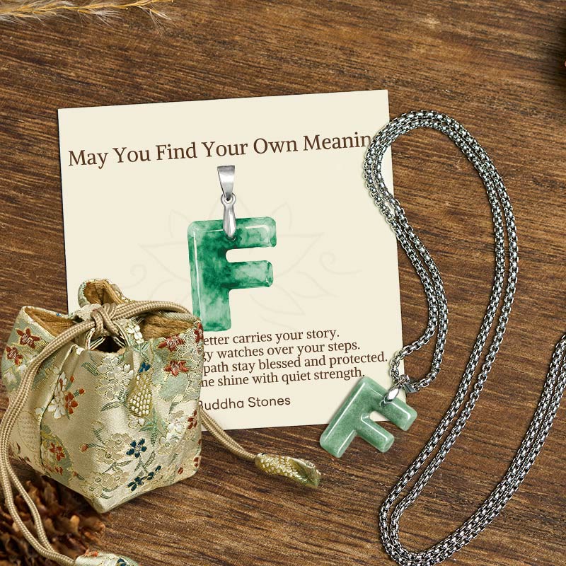 Buddha Stones "May You Find Your Own Meaning" Natural A-Z Letter Jade Titanium Steel Chain Necklace Includes Gift Message Card