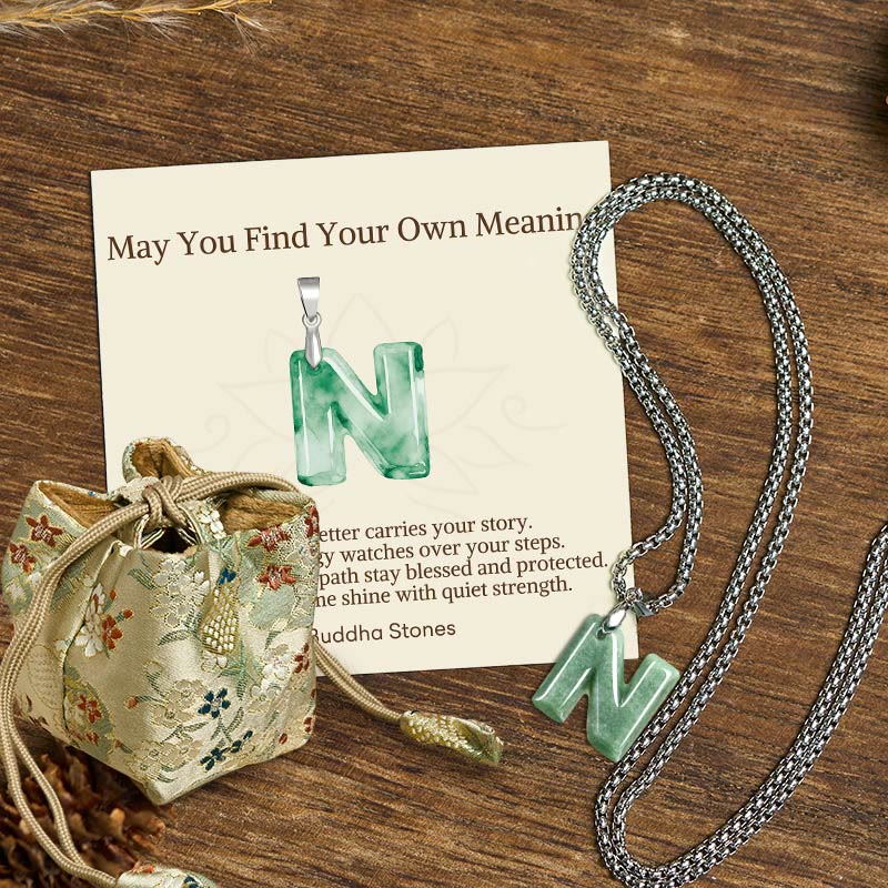 Buddha Stones "May You Find Your Own Meaning" Natural A-Z Letter Jade Titanium Steel Chain Necklace Includes Gift Message Card
