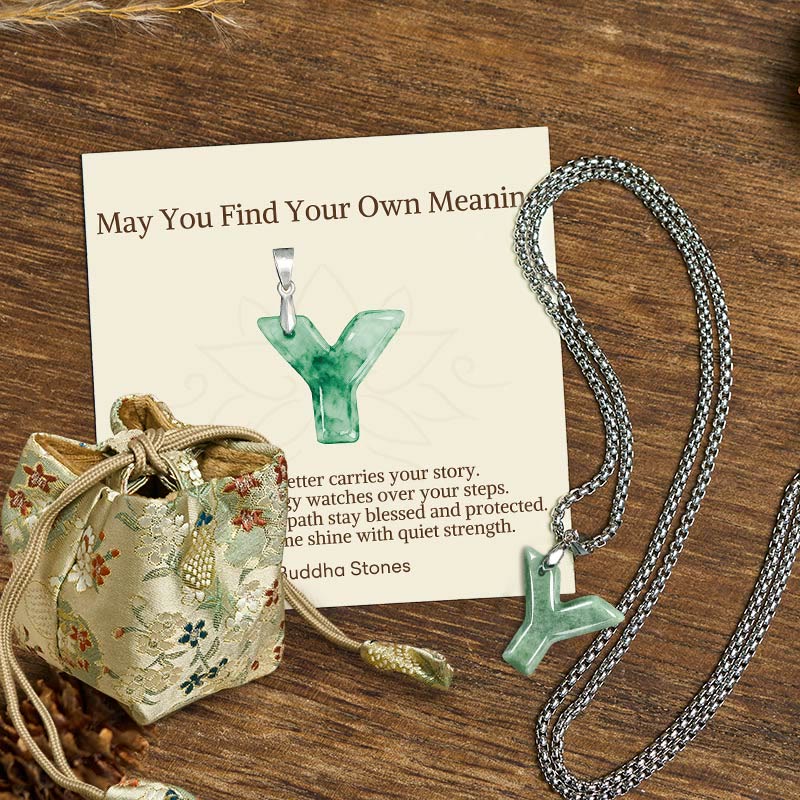 Buddha Stones "May You Find Your Own Meaning" Natural A-Z Letter Jade Titanium Steel Chain Necklace Includes Gift Message Card