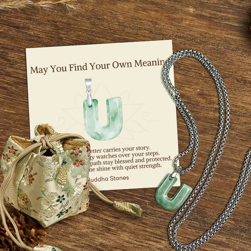 Buddha Stones "May You Find Your Own Meaning" Natural A-Z Letter Jade Titanium Steel Chain Necklace Includes Gift Message Card