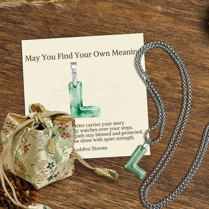 Buddha Stones "May You Find Your Own Meaning" Natural A-Z Letter Jade Titanium Steel Chain Necklace Includes Gift Message Card