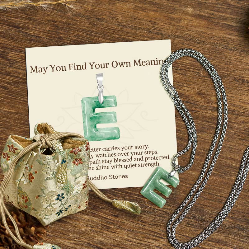 Buddha Stones "May You Find Your Own Meaning" Natural A-Z Letter Jade Titanium Steel Chain Necklace Includes Gift Message Card