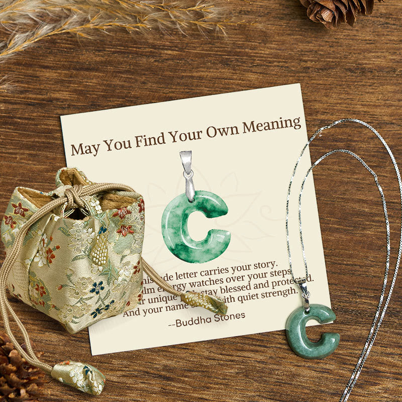 Buddha Stones "May You Find Your Own Meaning" Natural A-Z Letter Jade Titanium Steel Chain Necklace Includes Gift Message Card