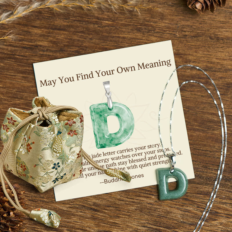 Buddha Stones "May You Find Your Own Meaning" Natural A-Z Letter Jade Titanium Steel Chain Necklace Includes Gift Message Card