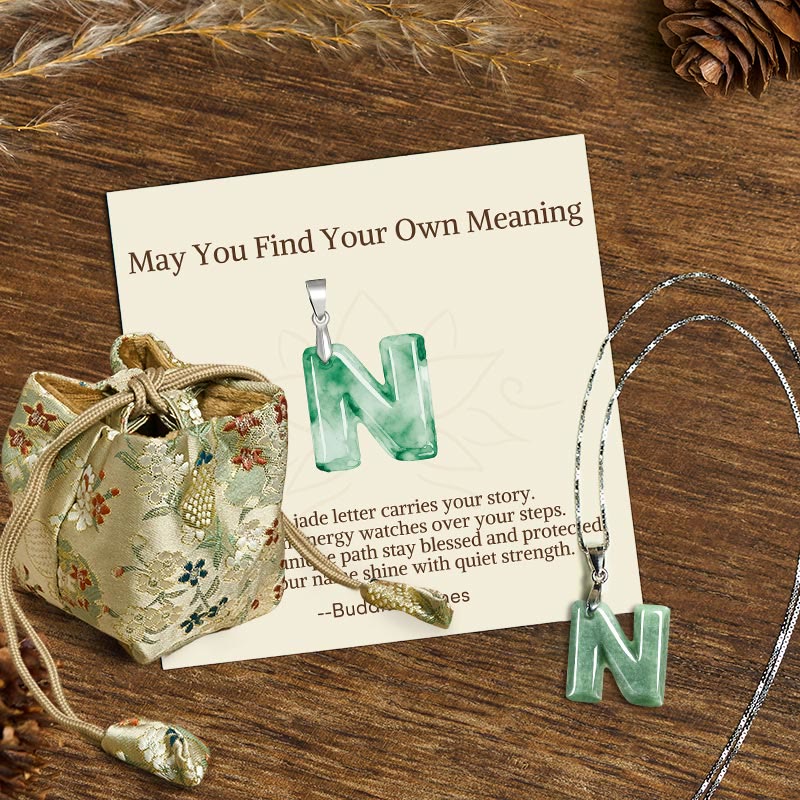 Buddha Stones "May You Find Your Own Meaning" Natural A-Z Letter Jade 925 Sterling Silver Chain Necklace Includes Gift Message Card