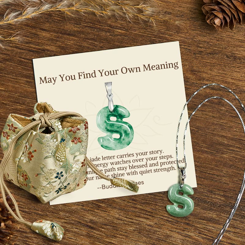 Buddha Stones "May You Find Your Own Meaning" Natural A-Z Letter Jade 925 Sterling Silver Chain Necklace Includes Gift Message Card
