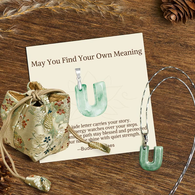 Buddha Stones "May You Find Your Own Meaning" Natural A-Z Letter Jade Titanium Steel Chain Necklace Includes Gift Message Card