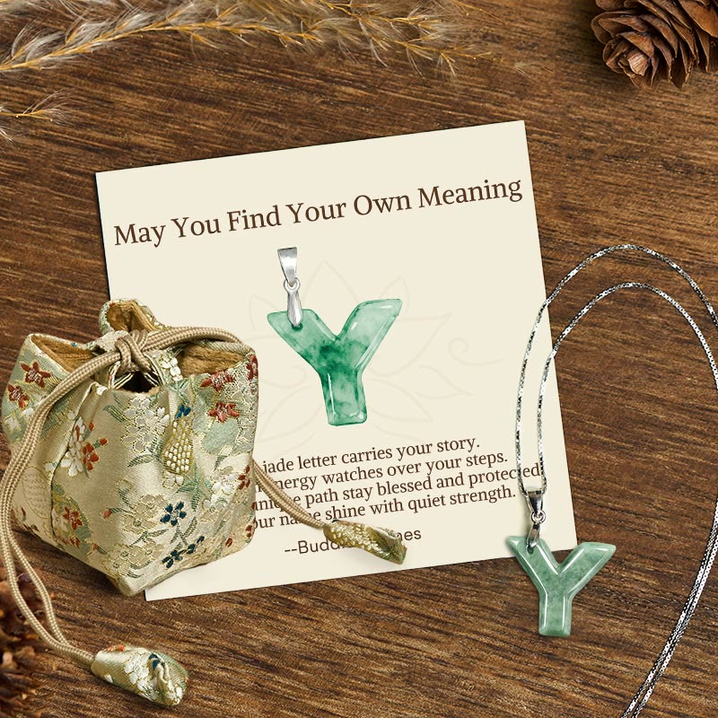 Buddha Stones "May You Find Your Own Meaning" Natural A-Z Letter Jade 925 Sterling Silver Chain Necklace Includes Gift Message Card