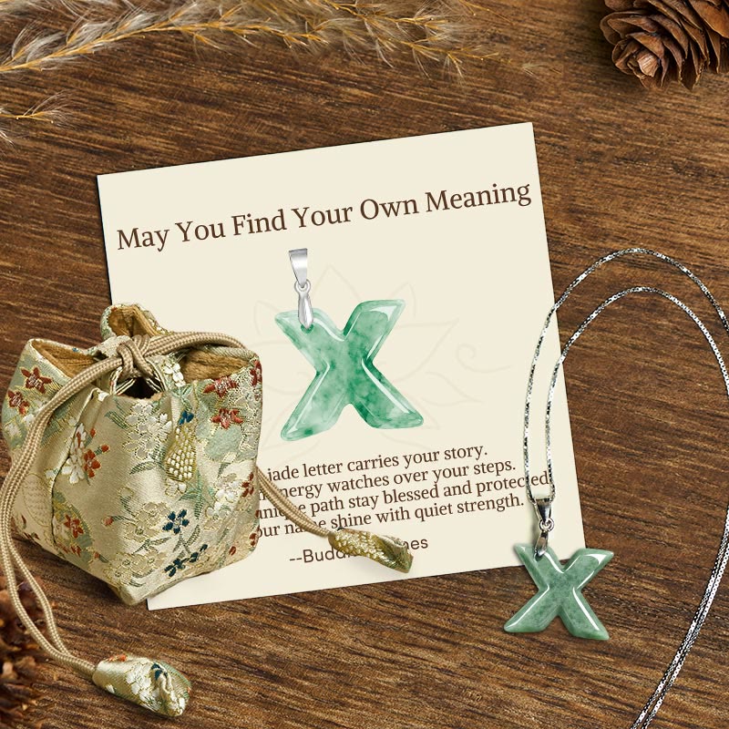 Buddha Stones "May You Find Your Own Meaning" Natural A-Z Letter Jade Titanium Steel Chain Necklace Includes Gift Message Card