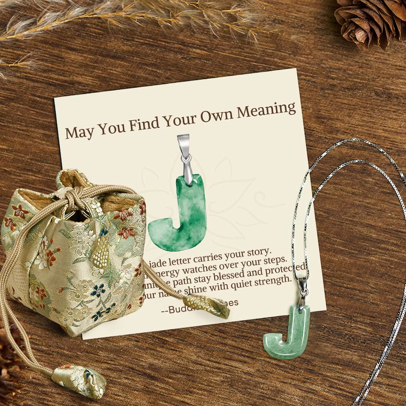 Buddha Stones "May You Find Your Own Meaning" Natural A-Z Letter Jade Titanium Steel Chain Necklace Includes Gift Message Card