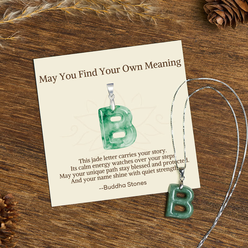 Buddha Stones "May You Find Your Own Meaning" Natural A-Z Letter Jade Titanium Steel Chain Necklace Includes Gift Message Card