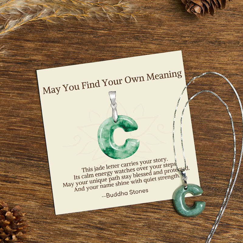 Buddha Stones "May You Find Your Own Meaning" Natural A-Z Letter Jade Titanium Steel Chain Necklace Includes Gift Message Card