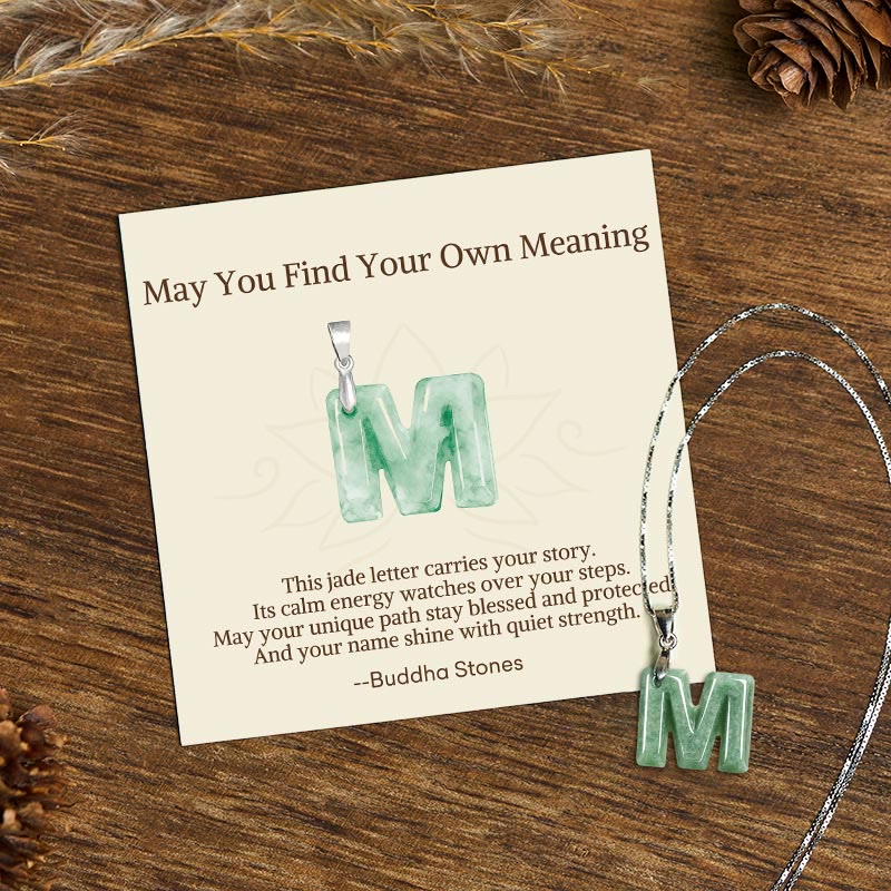 Buddha Stones "May You Find Your Own Meaning" Natural A-Z Letter Jade Titanium Steel Chain Necklace Includes Gift Message Card