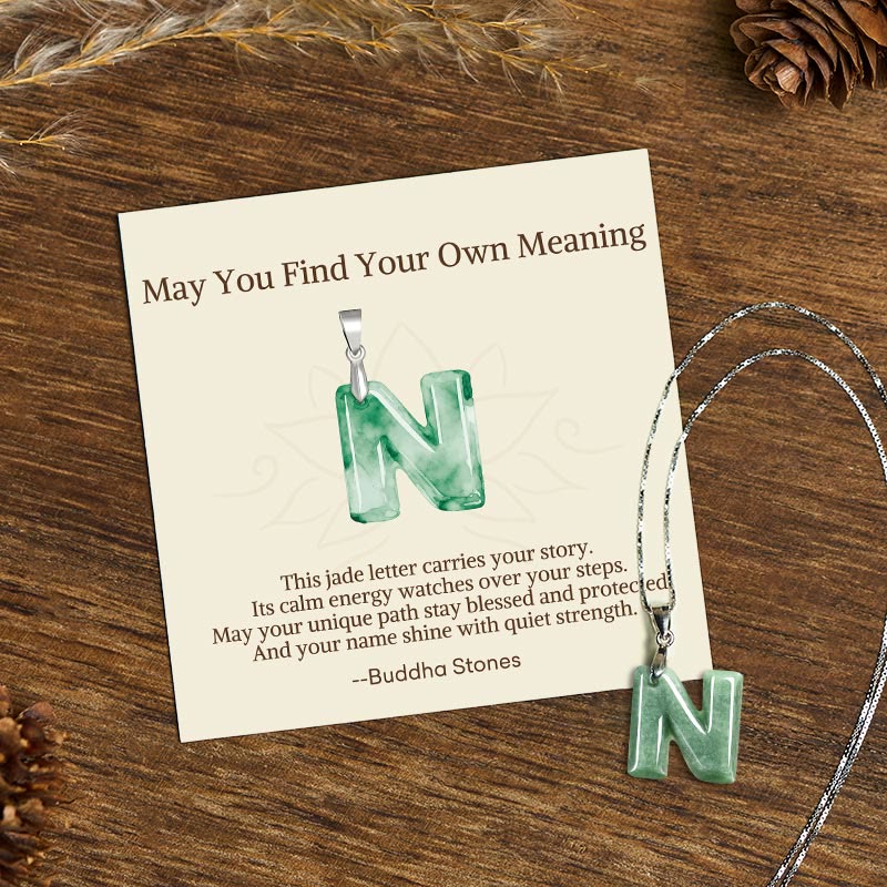 Buddha Stones "May You Find Your Own Meaning" Natural A-Z Letter Jade Titanium Steel Chain Necklace Includes Gift Message Card