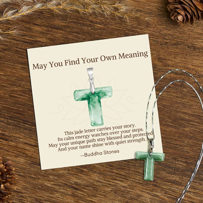 Buddha Stones "May You Find Your Own Meaning" Natural A-Z Letter Jade Titanium Steel Chain Necklace Includes Gift Message Card