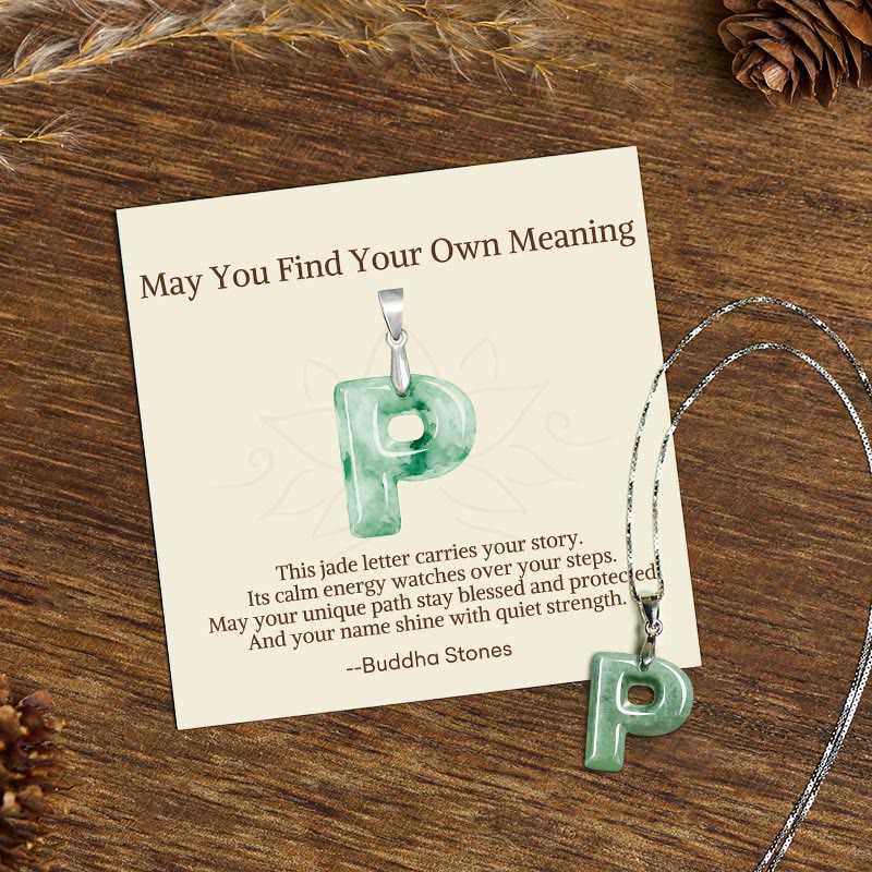 Buddha Stones "May You Find Your Own Meaning" Natural A-Z Letter Jade Titanium Steel Chain Necklace Includes Gift Message Card
