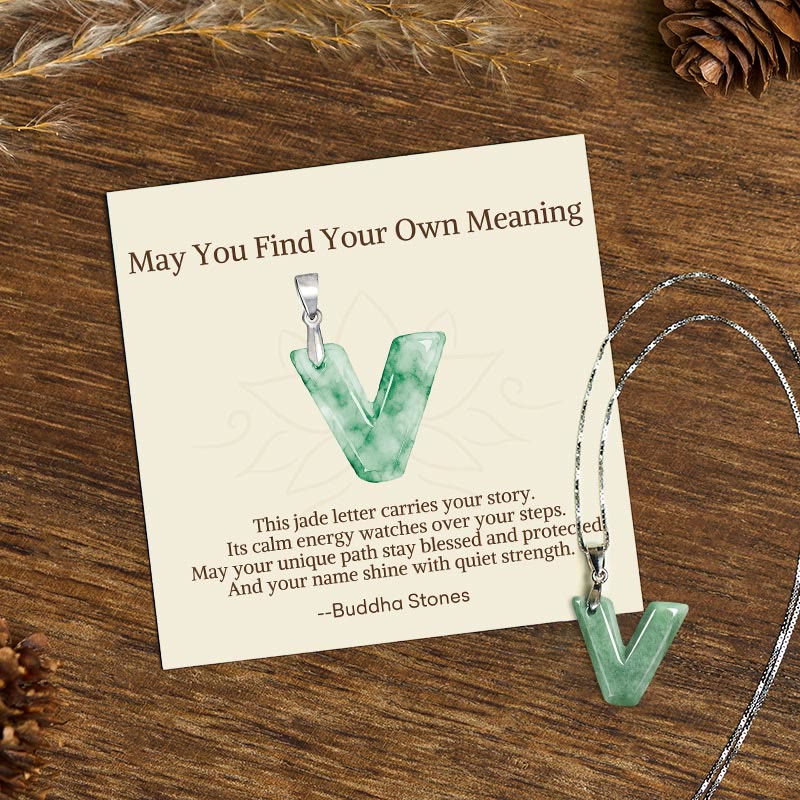 Buddha Stones "May You Find Your Own Meaning" Natural A-Z Letter Jade Titanium Steel Chain Necklace Includes Gift Message Card