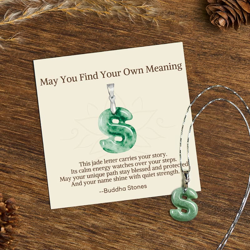 Buddha Stones "May You Find Your Own Meaning" Natural A-Z Letter Jade Titanium Steel Chain Necklace Includes Gift Message Card