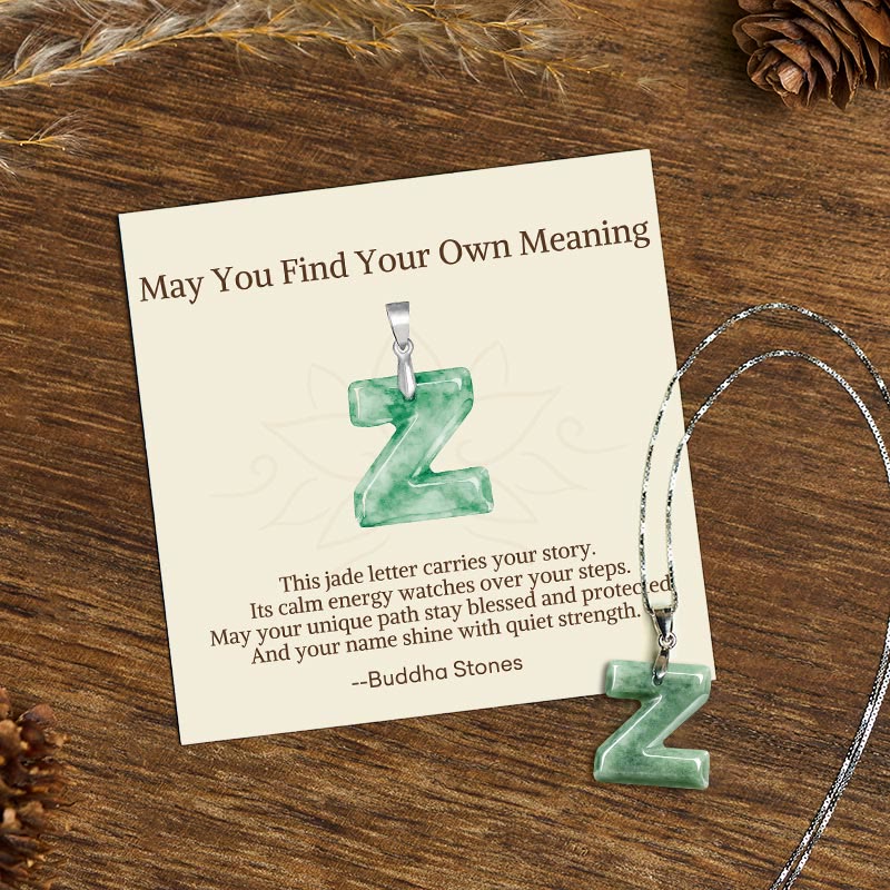 Buddha Stones "May You Find Your Own Meaning" Natural A-Z Letter Jade Titanium Steel Chain Necklace Includes Gift Message Card