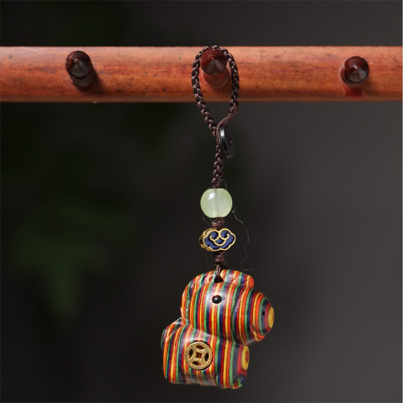 Buddha Stones "Hoping You Have a Joyful Year" Year of the Horse Rainbow Eucalyptus Small Leaf Red Sandalwood Key Chain Includes Gift Message Card