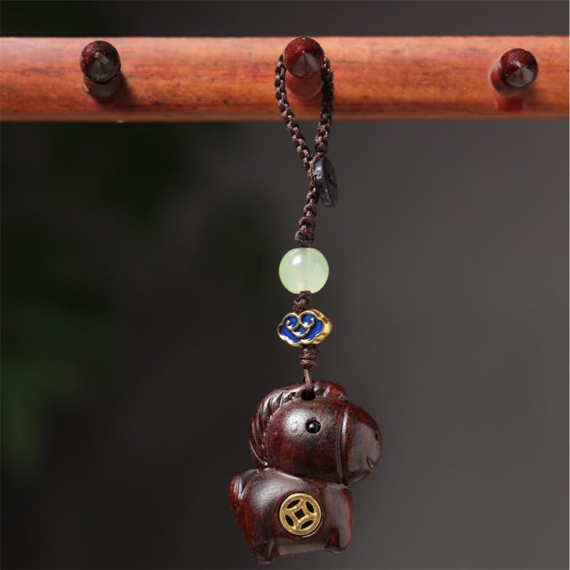 Buddha Stones "Hoping You Have a Joyful Year" Year of the Horse Rainbow Eucalyptus Small Leaf Red Sandalwood Key Chain Includes Gift Message Card