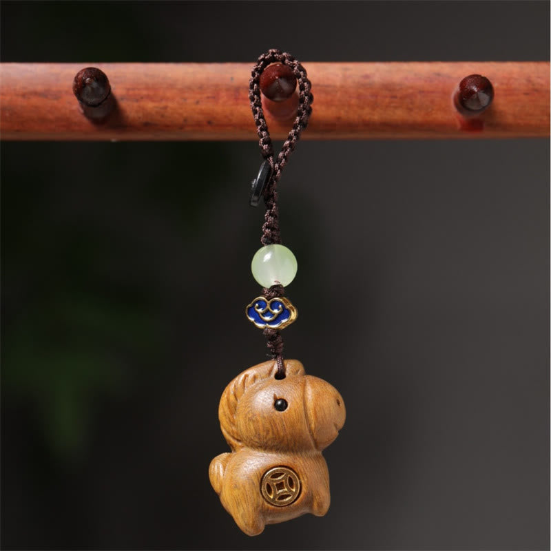 Buddha Stones "Hoping You Have a Joyful Year" Year of the Horse Rainbow Eucalyptus Small Leaf Red Sandalwood Key Chain Includes Gift Message Card