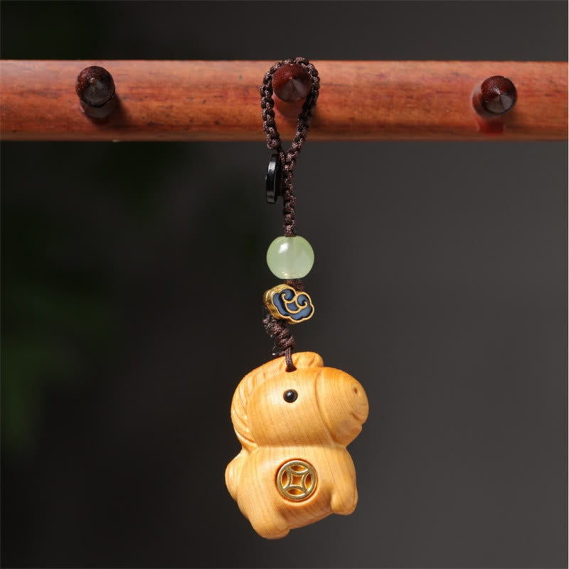 Buddha Stones "Hoping You Have a Joyful Year" Year of the Horse Rainbow Eucalyptus Small Leaf Red Sandalwood Key Chain Includes Gift Message Card