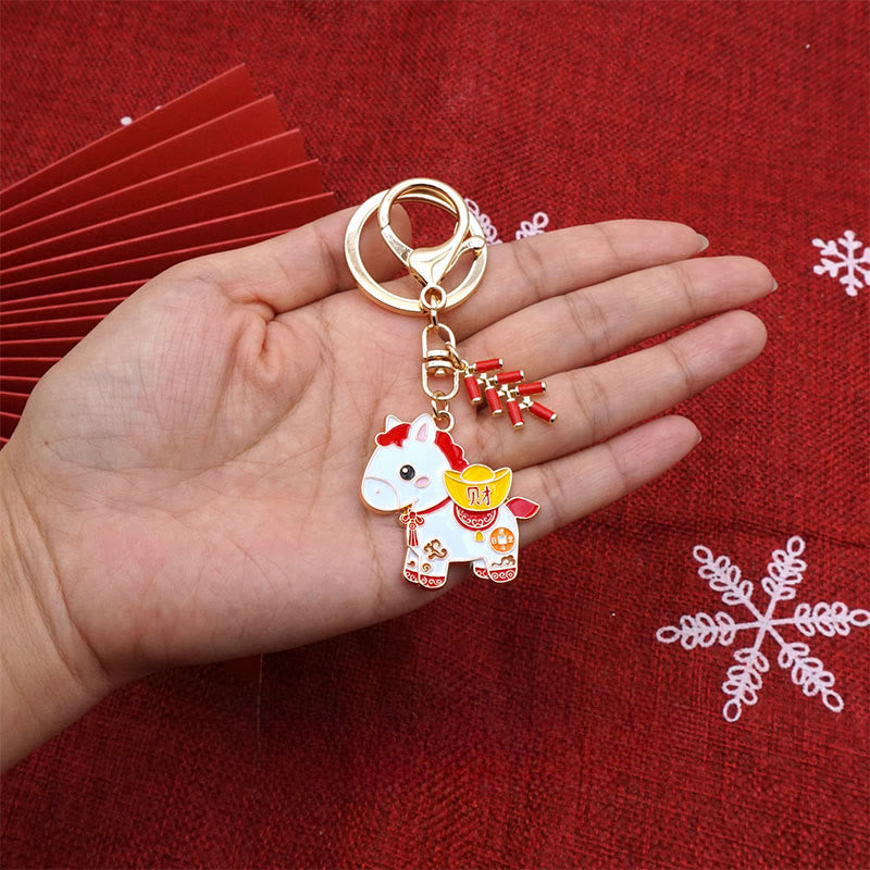 Buddha Stones "Hoping You Have a Joyful Year" Year of the Horse Ingot Red Firecrackers Alloy Key Chain Includes Gift Message Card