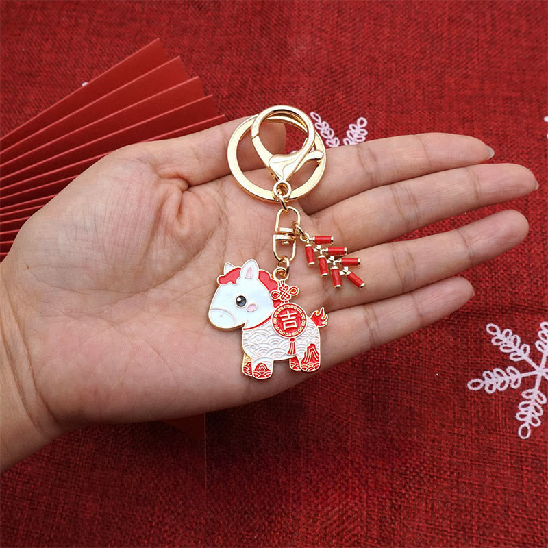 Buddha Stones "Hoping You Have a Joyful Year" Year of the Horse Ingot Red Firecrackers Alloy Key Chain Includes Gift Message Card