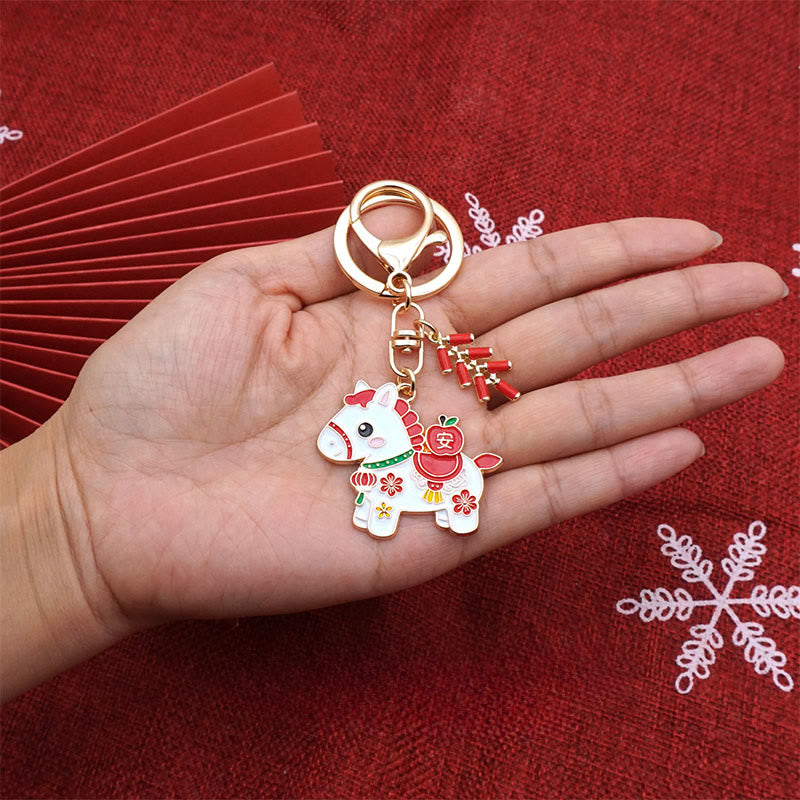 Buddha Stones "Hoping You Have a Joyful Year" Year of the Horse Ingot Red Firecrackers Alloy Key Chain Includes Gift Message Card