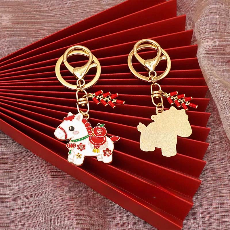 Buddha Stones "Hoping You Have a Joyful Year" Year of the Horse Ingot Red Firecrackers Alloy Key Chain Includes Gift Message Card