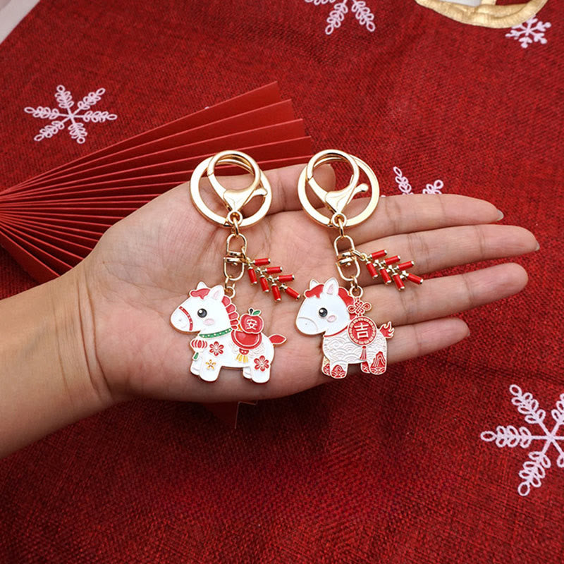Buddha Stones "Hoping You Have a Joyful Year" Year of the Horse Ingot Red Firecrackers Alloy Key Chain Includes Gift Message Card