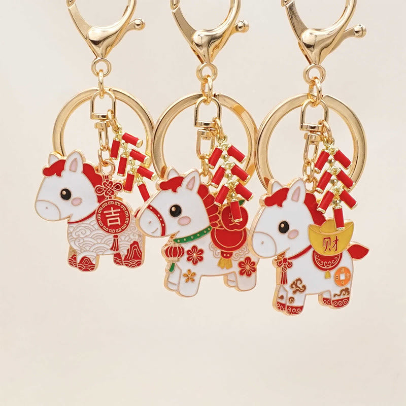Buddha Stones "Hoping You Have a Joyful Year" Year of the Horse Ingot Red Firecrackers Alloy Key Chain Includes Gift Message Card