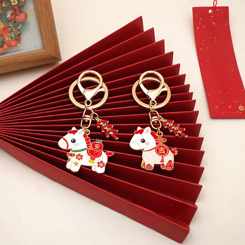 Buddha Stones "Hoping You Have a Joyful Year" Year of the Horse Ingot Red Firecrackers Alloy Key Chain Includes Gift Message Card