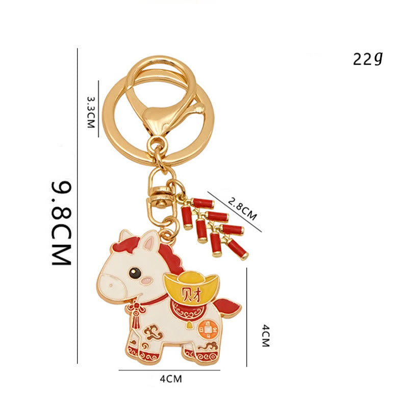 Buddha Stones "Hoping You Have a Joyful Year" Year of the Horse Ingot Red Firecrackers Alloy Key Chain Includes Gift Message Card