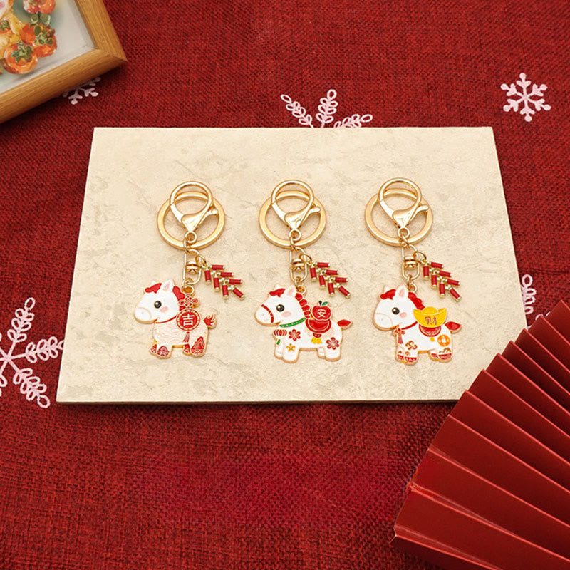 Buddha Stones "Hoping You Have a Joyful Year" Year of the Horse Ingot Red Firecrackers Alloy Key Chain Includes Gift Message Card