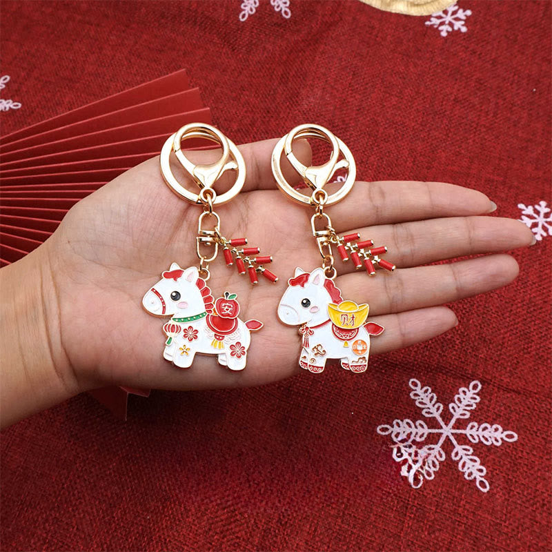 Buddha Stones "Hoping You Have a Joyful Year" Year of the Horse Ingot Red Firecrackers Alloy Key Chain Includes Gift Message Card