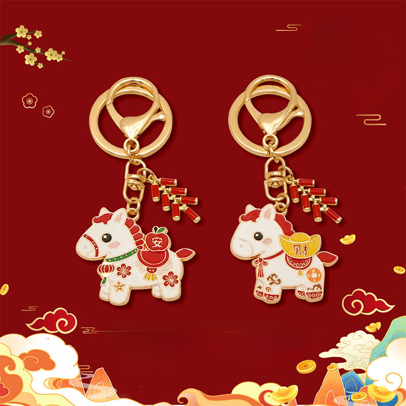 Buddha Stones "Hoping You Have a Joyful Year" Year of the Horse Ingot Red Firecrackers Alloy Key Chain Includes Gift Message Card