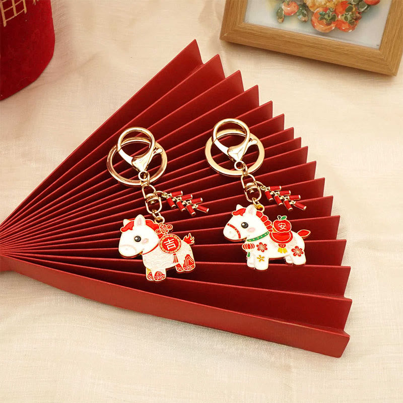Buddha Stones "Hoping You Have a Joyful Year" Year of the Horse Ingot Red Firecrackers Alloy Key Chain Includes Gift Message Card