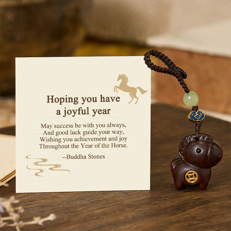 Buddha Stones "Hoping You Have a Joyful Year" Year of the Horse Rainbow Eucalyptus Small Leaf Red Sandalwood Key Chain Includes Gift Message Card