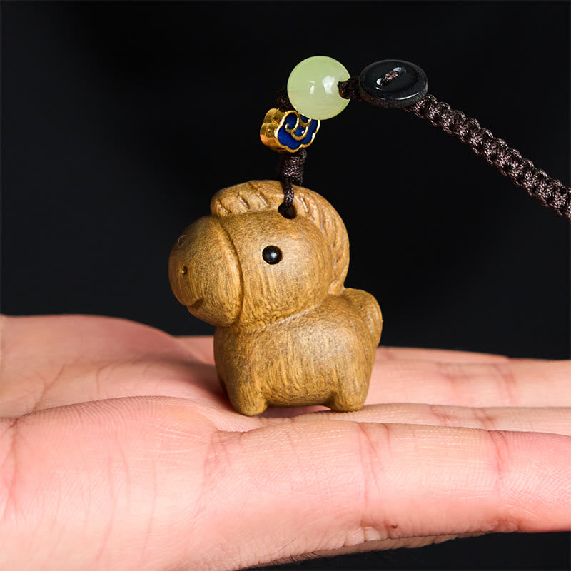 Buddha Stones "Hoping You Have a Joyful Year" Year of the Horse Rainbow Eucalyptus Small Leaf Red Sandalwood Key Chain Includes Gift Message Card